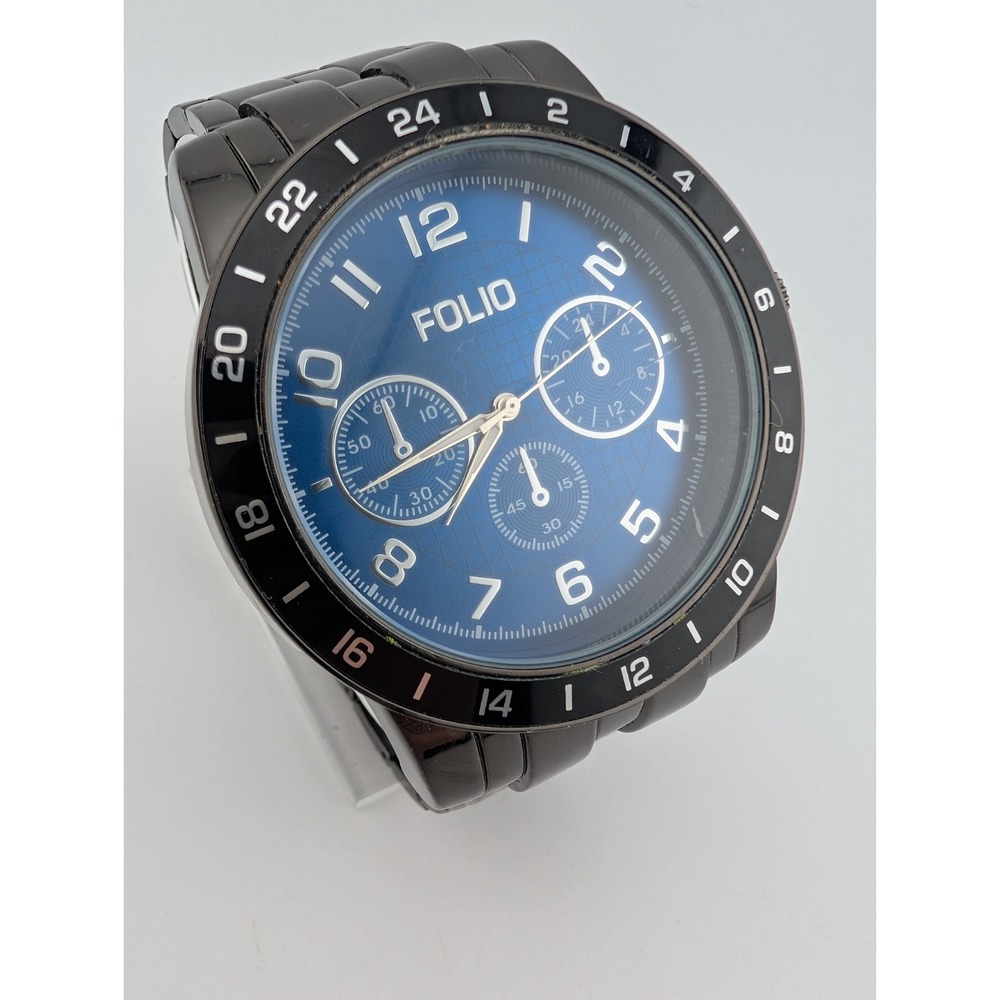 FOLIO Watch Men 53mm Case‎ Blue Dial Black 7.75" Band- New Battery